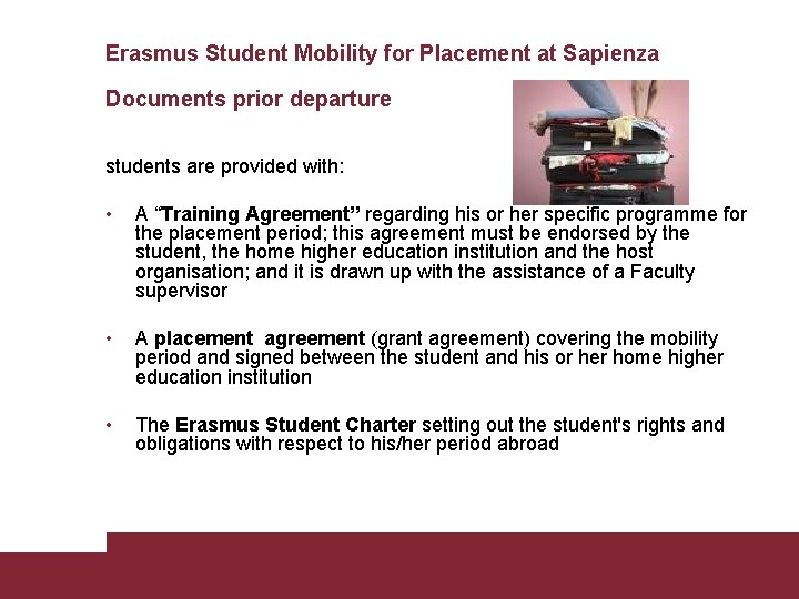 Erasmus Student Mobility for Placement at Sapienza Documents prior departure students are provided with: