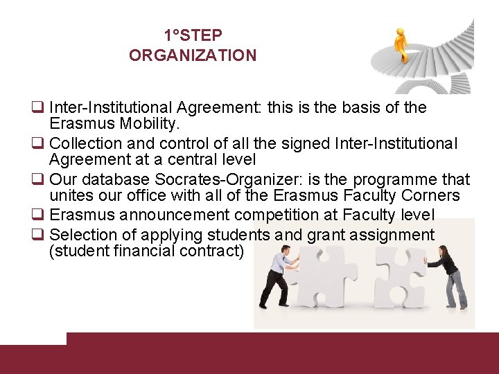 1°STEP ORGANIZATION q Inter-Institutional Agreement: this is the basis of the Erasmus Mobility. q