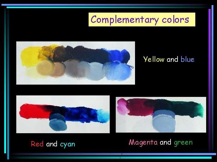 Complementary colors Yellow and blue Red and cyan Magenta and green 