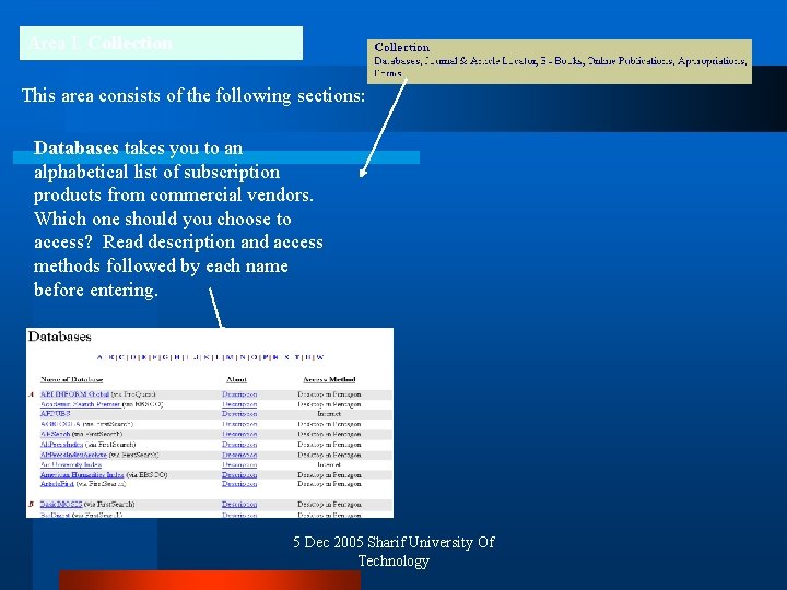 Area I. Collection This area consists of the following sections: Databases takes you to