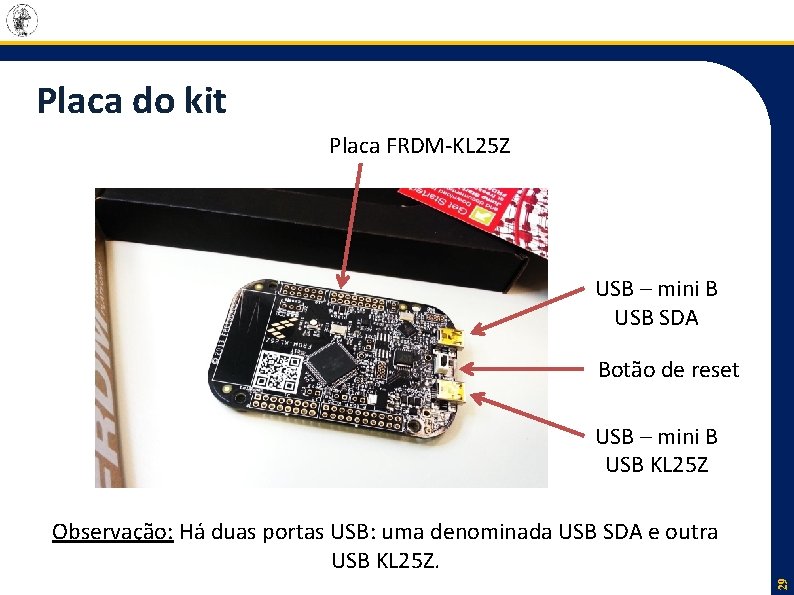 Placa do kit Placa FRDM-KL 25 Z USB – mini B USB SDA Botão