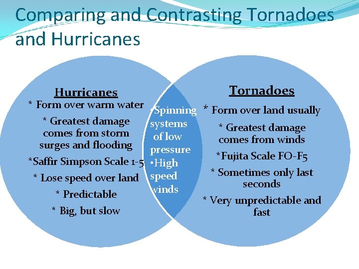 Comparing and Contrasting Tornadoes and Hurricanes * Form over warm water * Greatest damage