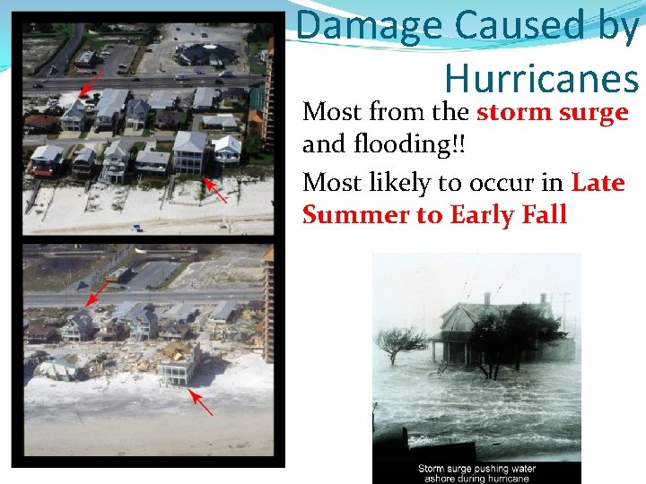 Damage Caused by Hurricanes Most from the storm surge and flooding!! Most likely to