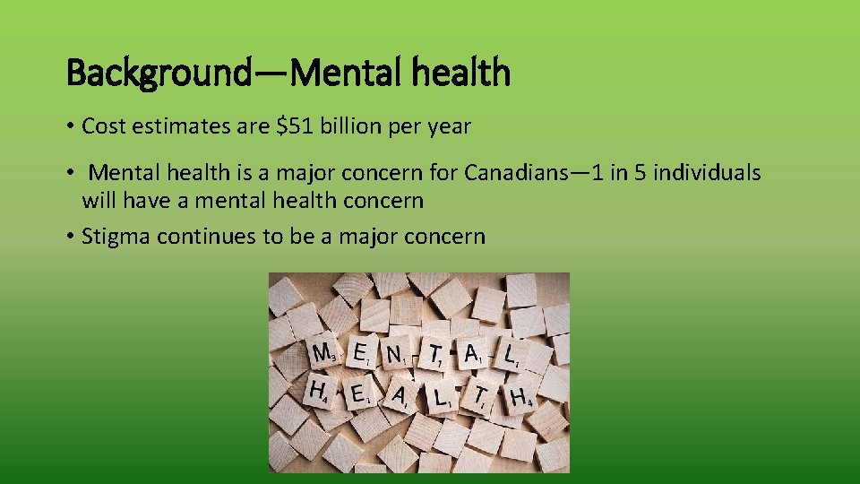 Background—Mental health • Cost estimates are $51 billion per year • Mental health is
