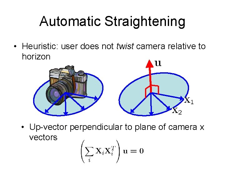 Automatic Straightening • Heuristic: user does not twist camera relative to horizon • Up-vector