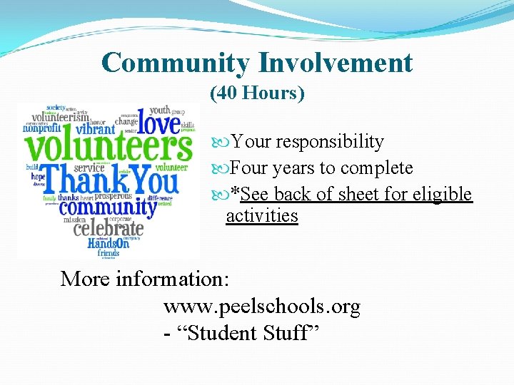 Community Involvement (40 Hours) Your responsibility Four years to complete *See back of sheet