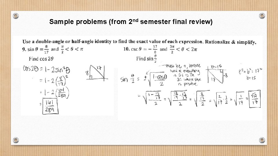 Sample problems (from 2 nd semester final review) 