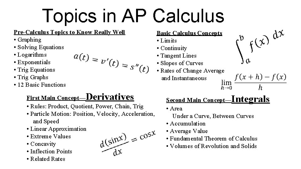 Topics in AP Calculus Pre-Calculus Topics to Know Really Well • Graphing • Solving