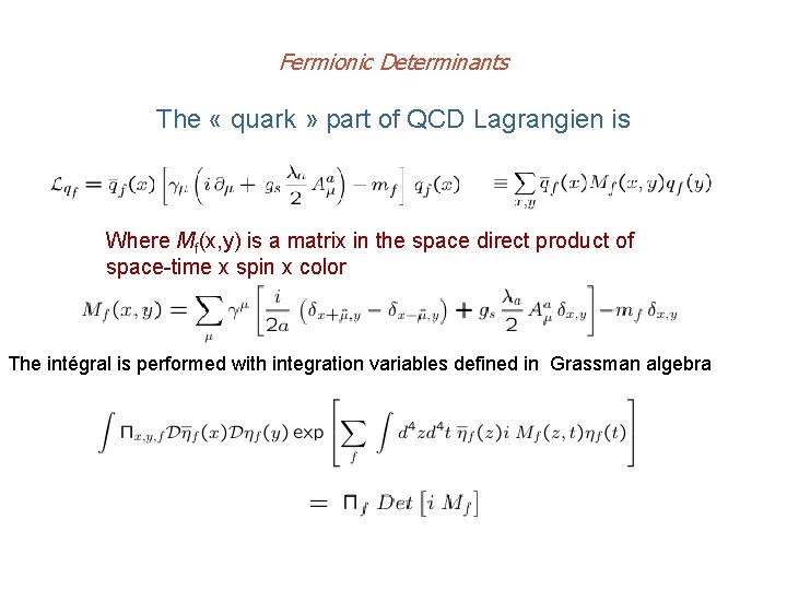 Fermionic Determinants The « quark » part of QCD Lagrangien is Where Mf(x, y)