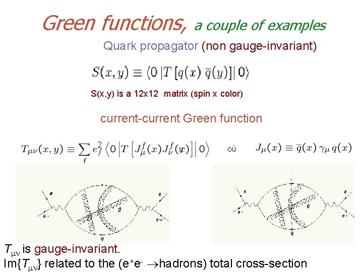 Green functions, a couple of examples Quark propagator (non gauge-invariant) S(x, y) is a