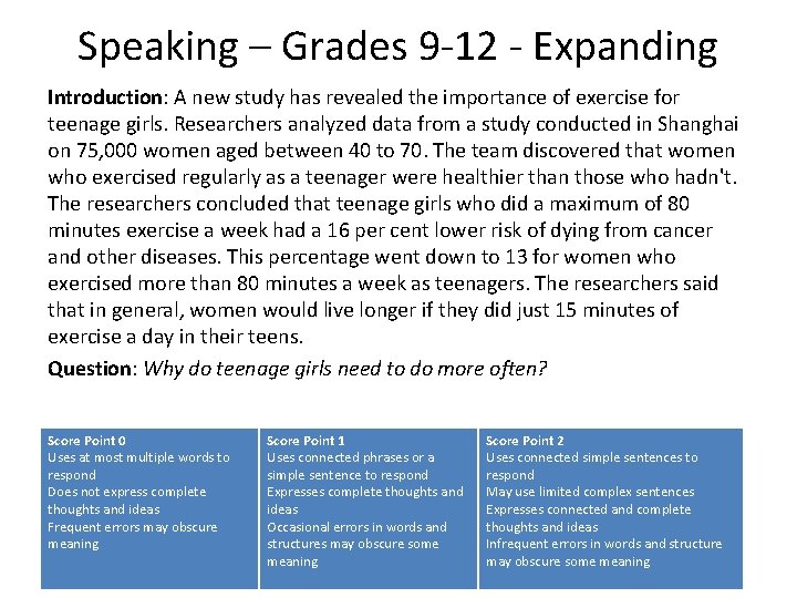 Speaking – Grades 9 -12 - Expanding Introduction: A new study has revealed the