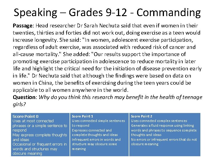 Speaking – Grades 9 -12 - Commanding Passage: Head researcher Dr Sarah Nechuta said