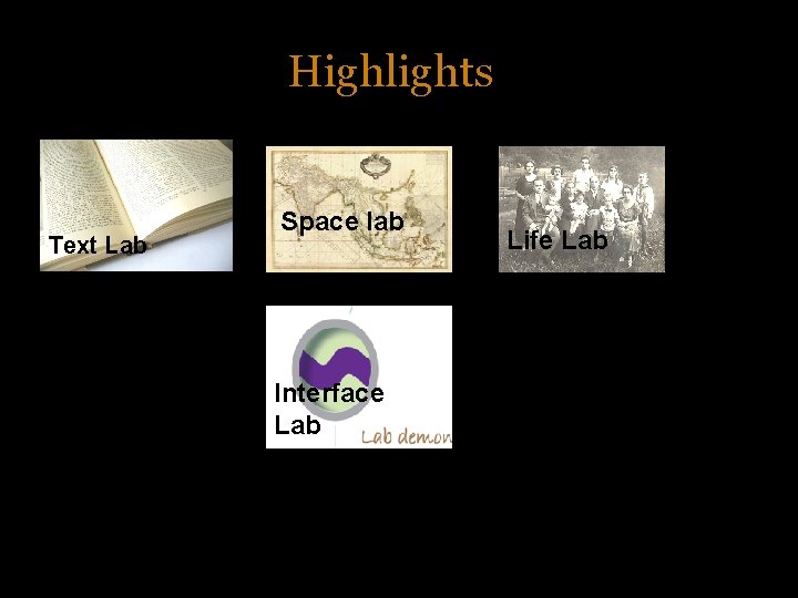 Highlights Text Lab Space lab Interface Lab Life Lab 