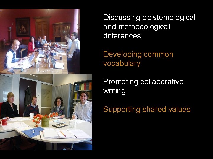 Discussing epistemological and methodological differences Developing common vocabulary Promoting collaborative writing Supporting shared values