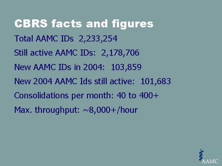 CBRS facts and figures Total AAMC IDs 2, 233, 254 Still active AAMC IDs: