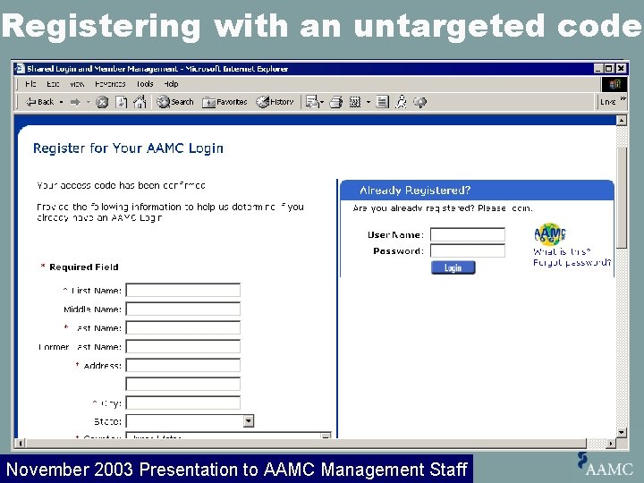 Registering with an untargeted code November 2003 Presentation to AAMC Management Staff 