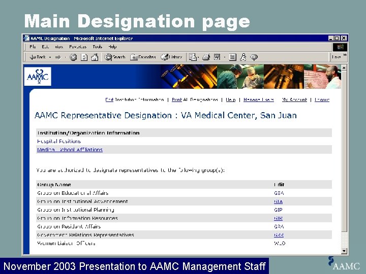 Main Designation page November 2003 Presentation to AAMC Management Staff 