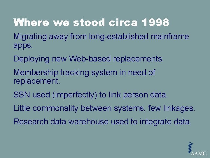 Where we stood circa 1998 Migrating away from long-established mainframe apps. Deploying new Web-based