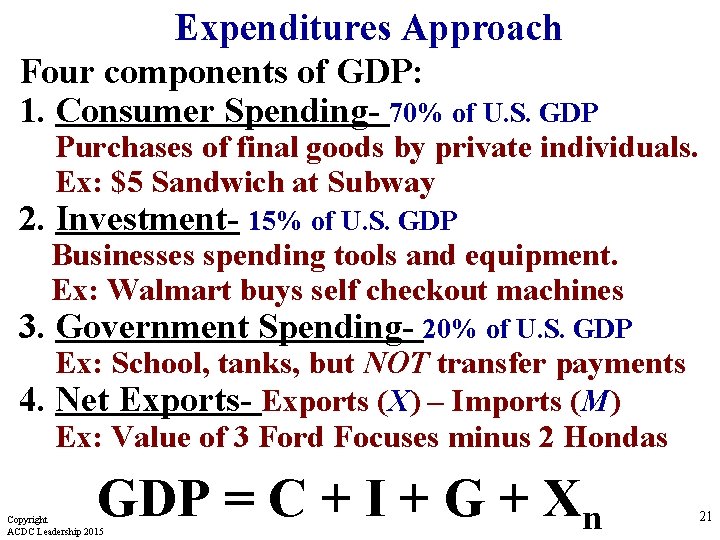 Expenditures Approach Four components of GDP: 1. Consumer Spending- 70% of U. S. GDP