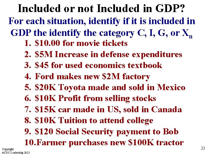 Included or not Included in GDP? For each situation, identify if it is included