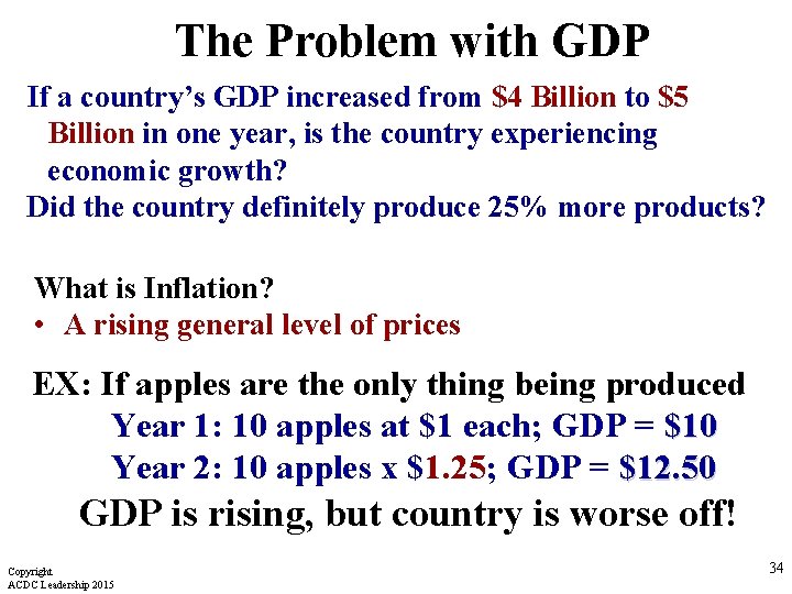 The Problem with GDP If a country’s GDP increased from $4 Billion to $5