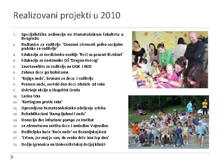 Realizovani projekti u 2010 1. Specijalistička ordinacija na Stomatološkom fakultetu u 17. Beogradu Radionica