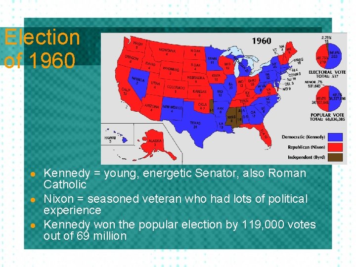 Election of 1960 l l l Kennedy = young, energetic Senator, also Roman Catholic