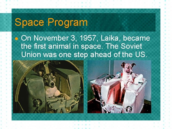 Space Program l On November 3, 1957, Laika, became the first animal in space.