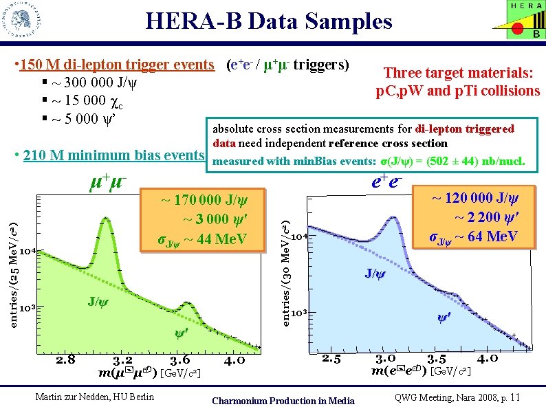 HERA-B Data Samples • 150 M di-lepton trigger events (e+e- / μ+μ- triggers) §