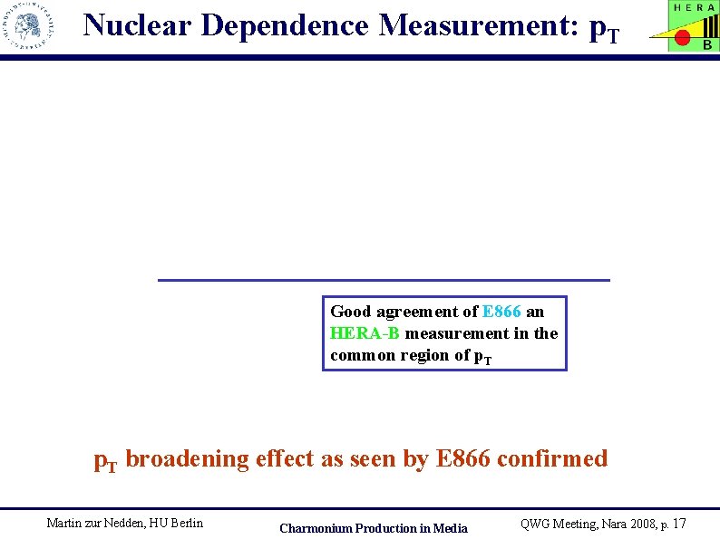 Nuclear Dependence Measurement: p. T Good agreement of E 866 an HERA-B measurement in