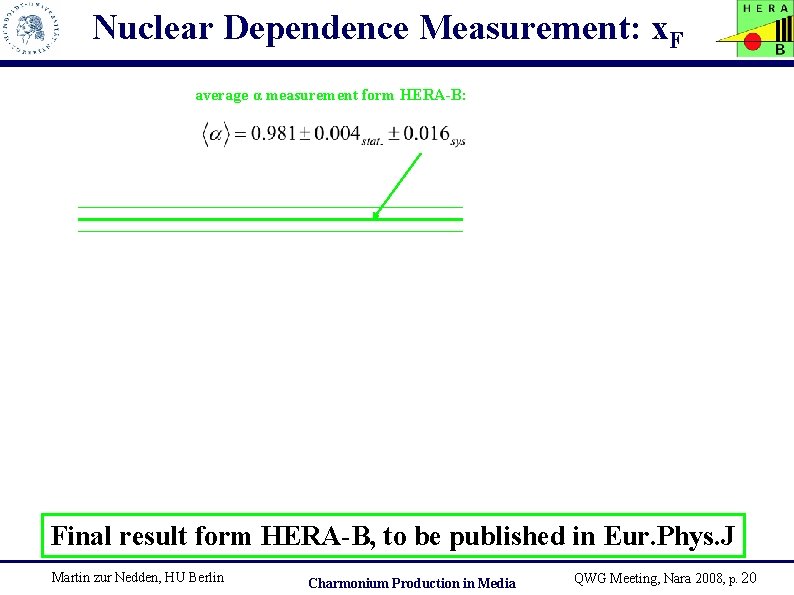 Nuclear Dependence Measurement: x. F average α measurement form HERA-B: Final result form HERA-B,