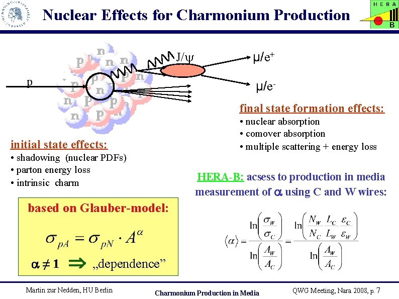Nuclear Effects for Charmonium Production J/ p μ/e+ μ/efinal state formation effects: • nuclear