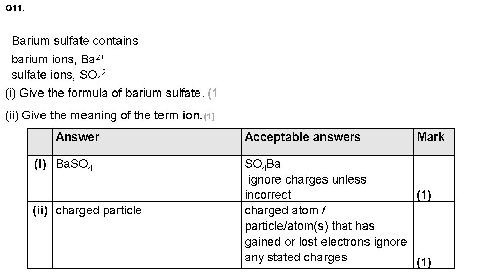 Q 11. Barium sulfate contains barium ions, Ba 2+ sulfate ions, SO 42– (i)