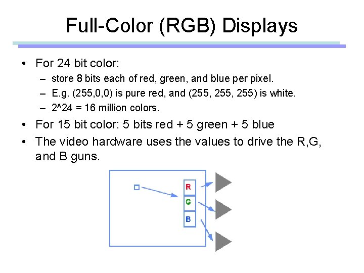 Full-Color (RGB) Displays • For 24 bit color: – store 8 bits each of