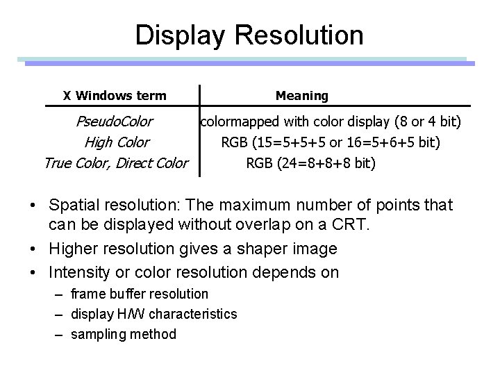 Display Resolution X Windows term Meaning Pseudo. Color colormapped with color display (8 or