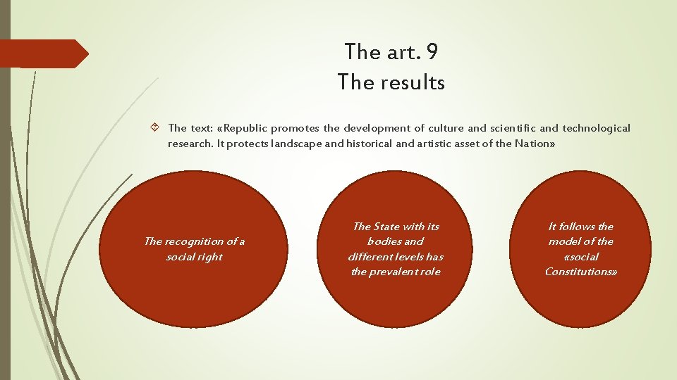 The art. 9 The results The text: «Republic promotes the development of culture and