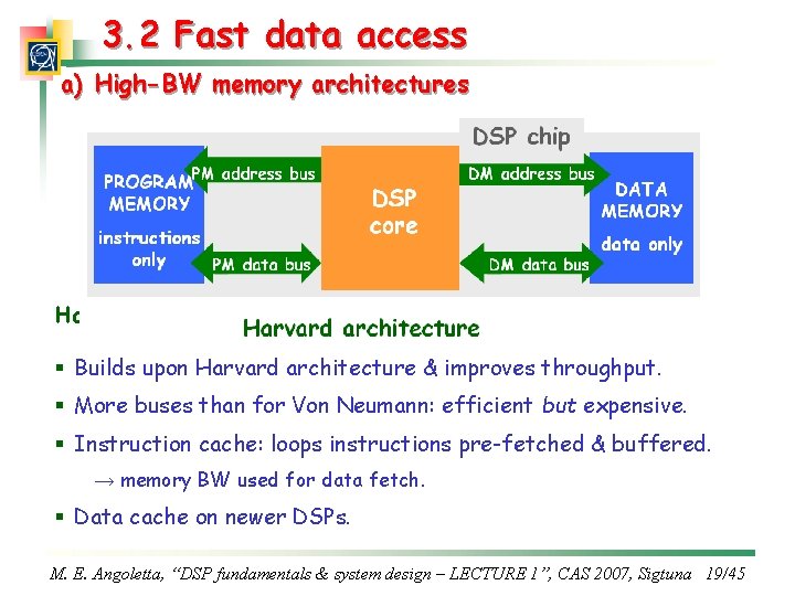 3. 2 Fast data access a) High-BW memory architectures DSP chip PROGRAM PM address