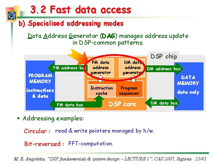 3. 2 Fast data access b) Specialised addressing modes Data Address Generator (DAG) DAG