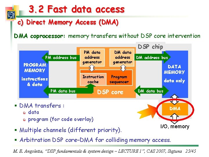 3. 2 Fast data access c) Direct Memory Access (DMA) DMA coprocessor: memory transfers