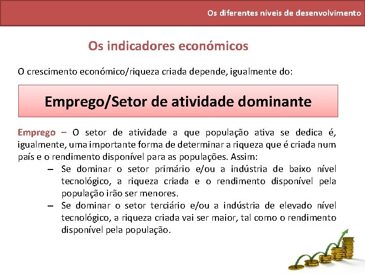 Os diferentes níveis de desenvolvimento Os indicadores económicos O crescimento económico/riqueza criada depende, igualmente