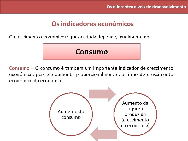 Os diferentes níveis de desenvolvimento Os indicadores económicos O crescimento económico/riqueza criada depende, igualmente