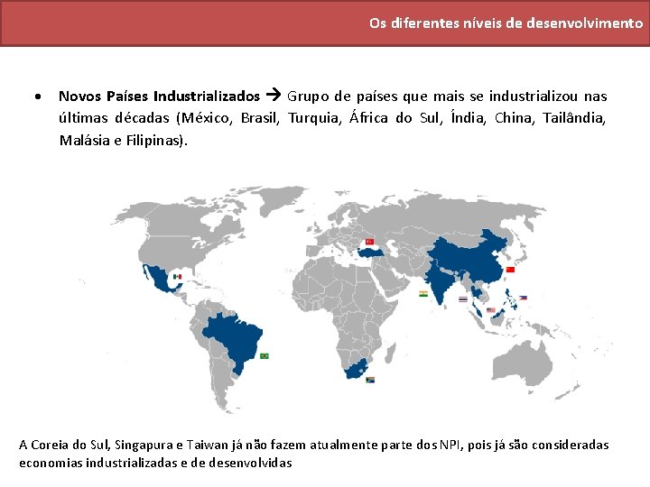 Os diferentes níveis de desenvolvimento Novos Países Industrializados Grupo de países que mais se