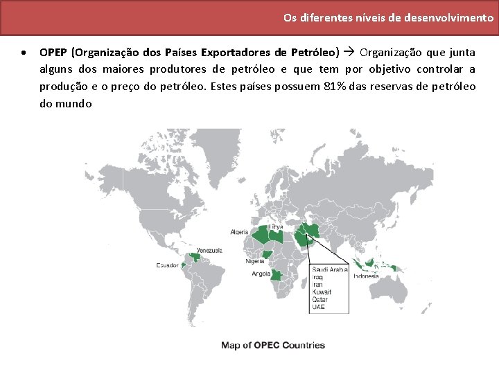 Os diferentes níveis de desenvolvimento OPEP (Organização dos Países Exportadores de Petróleo) Organização que