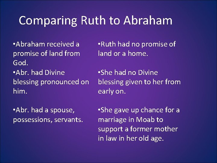 Comparing Ruth to Abraham • Abraham received a promise of land from God. • Comparing Ruth to Abraham • Abraham received a promise of land from God. •
