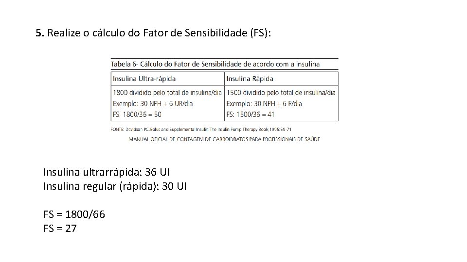 5. Realize o cálculo do Fator de Sensibilidade (FS): Insulina ultrarrápida: 36 UI Insulina