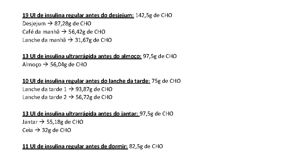 19 UI de insulina regular antes do desjejum: 142, 5 g de CHO Desjejum