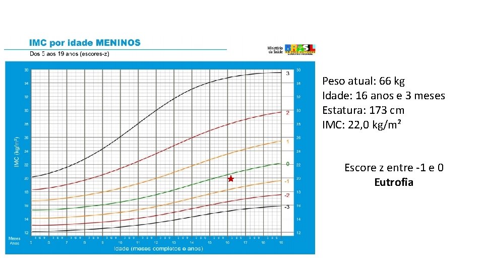 Peso atual: 66 kg Idade: 16 anos e 3 meses Estatura: 173 cm IMC: