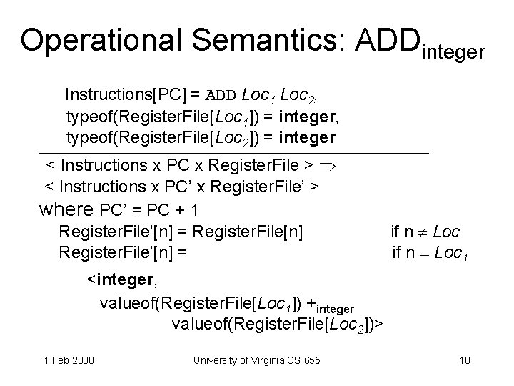 Operational Semantics: ADDinteger Instructions[PC] = ADD Loc 1 Loc 2, typeof(Register. File[Loc 1]) =