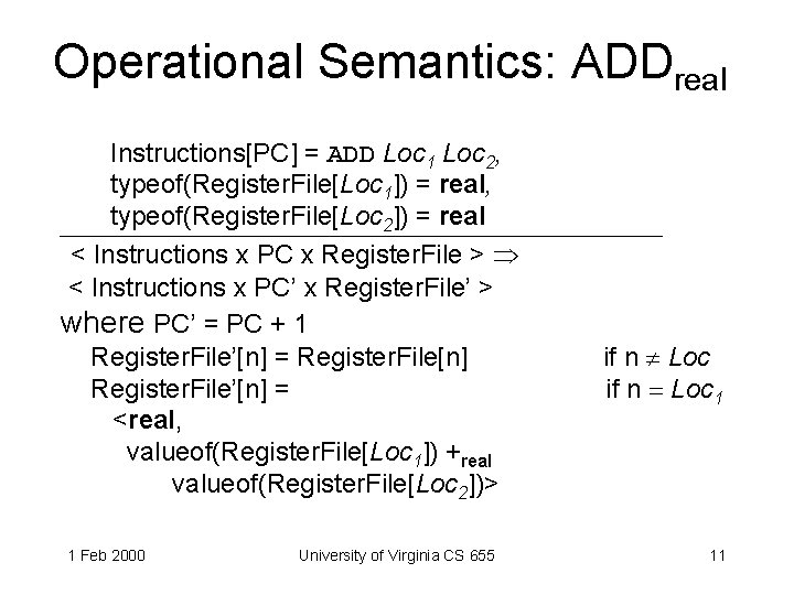 Operational Semantics: ADDreal Instructions[PC] = ADD Loc 1 Loc 2, typeof(Register. File[Loc 1]) =