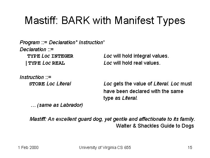 Mastiff: BARK with Manifest Types Program : : = Declaration* Instruction* Declaration : :